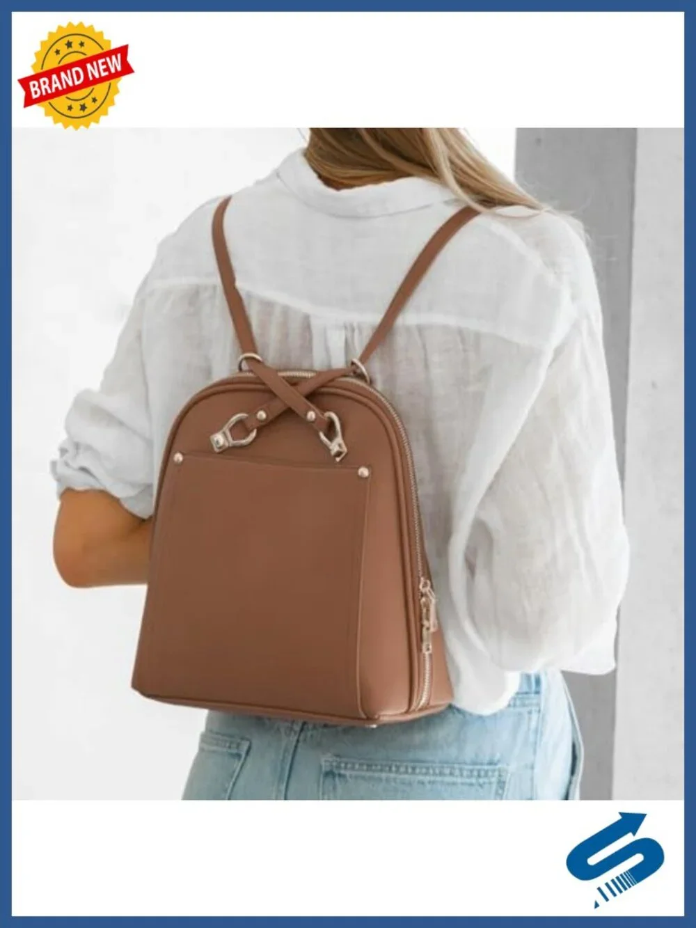 Vegan Leather Convertible Backpack Purse with Gold Hardware